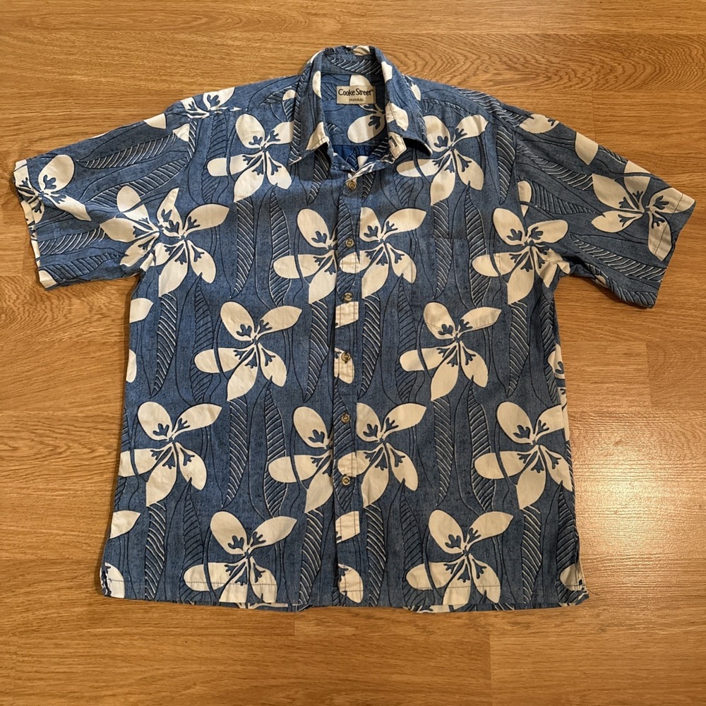 Cooke Street Honolulu Hawaiian Shirt Men's Large Blue Floral Short Sleeve Camp